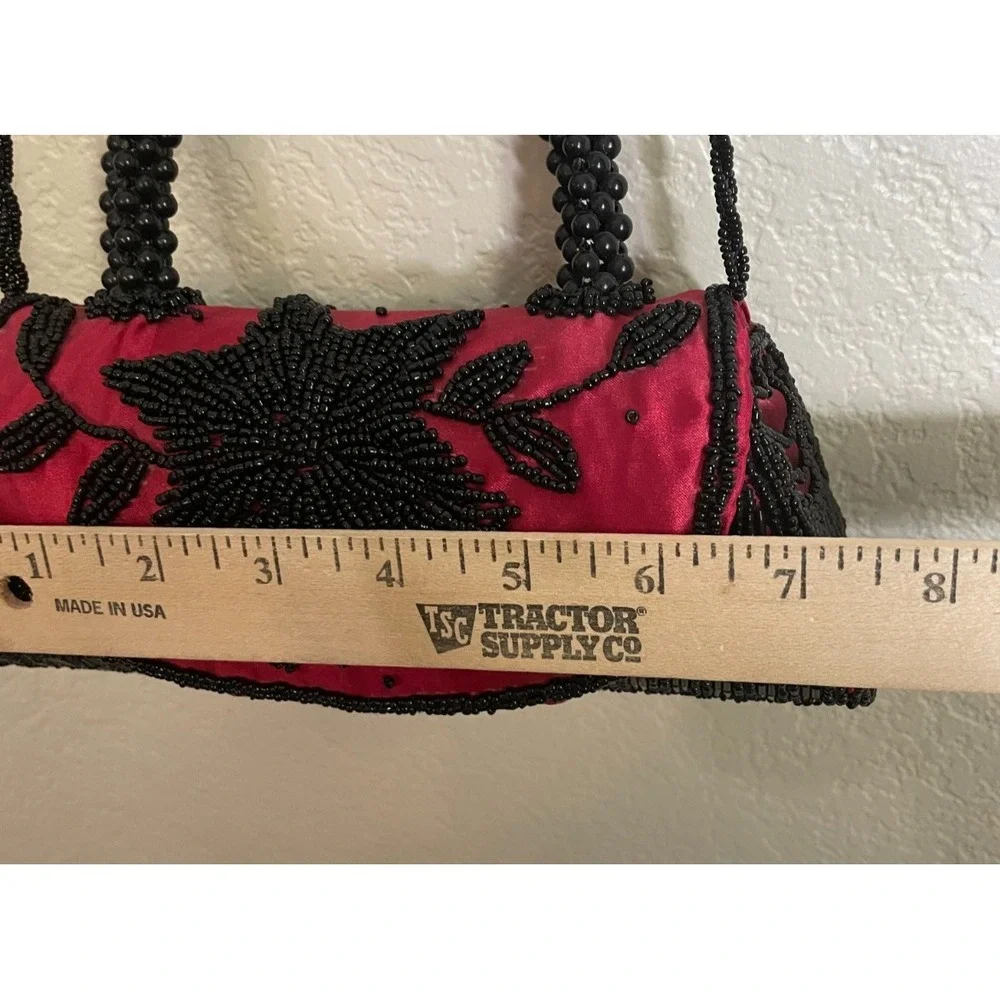Vintage Glass Beaded Red Black Floral Crossbody Purse‎ Bag Clutch Party Cruise